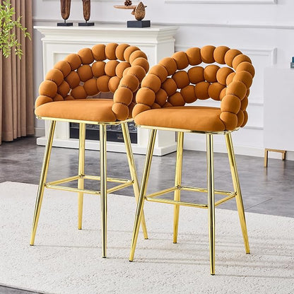 Set of 2 Orange Puffy Bubble Chair Ball Chain Chair Velvet Bar Stools with Gold Legs, Tufted Accent Bar Chairs for Kitchen Island Home Bar