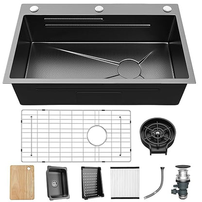 YITAHOME Drop In Kitchen Sink Workstation 30 Inch, Top mount Stainless Steel Nano Gunmetal Black Sink w/Glass Rinser, Cutting Board, Handmade Single Bowl Sink with Accessories 30 x 18 x 10in