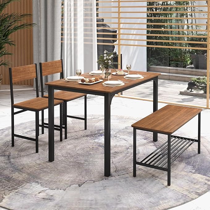 LDAILY Dining Table Set for 4, 4-Piece Wooden Kitchen Table and Chairs with Bench, Storage Rack & Metal Frame, Industrial Dining Room Table Set of 4 for Small Space, Apartment, Kitchen (Rustic Brown)