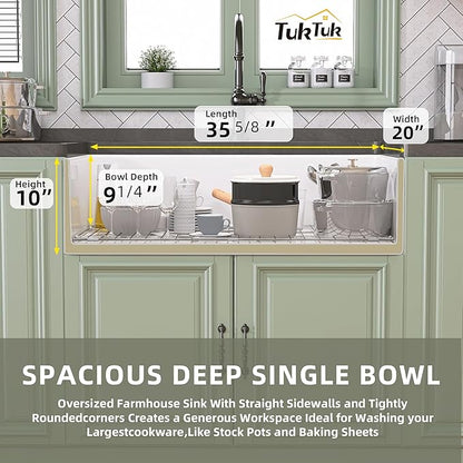 TUKTUK White Farmhouse Sink 36 x 20 Fireclay Apron Front Farm Sink Undermount Single Bowl Deep Big Capacity Extra Wider Reversible Modern with Luxury Accessory Kit