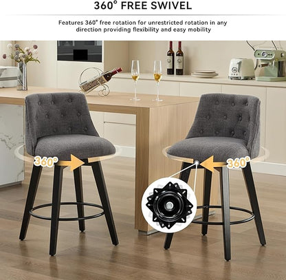 25" Swivel Bar Stools Set of 2-Modern Counter Height Chairs with Linen Upholstery&Button Tufted Back, Solid Wood Frame Barstools for Kitchen Island,for Living Room