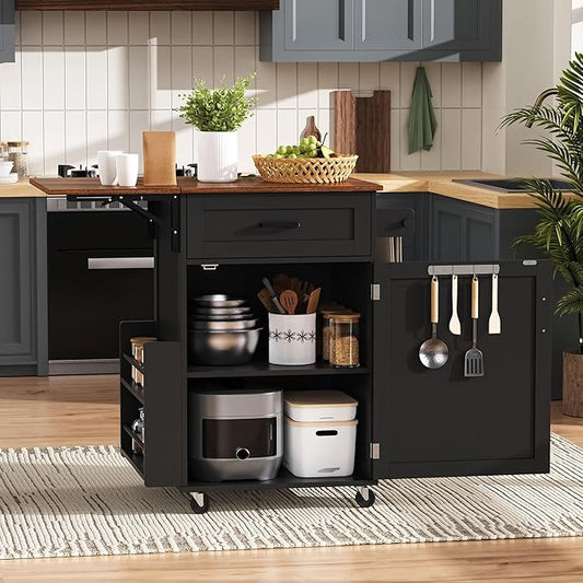 Farmhouse Kitchen Island with Drop Leaf Rolling Cart with Lockable Wheels Storage Island with Open Side Rack Storage Cart Practical(Black)