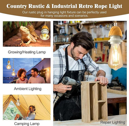 Vintage Hemp Rope Pendant Light Fixtures, 2PCS Rustic Hanging Lights with 16.7FT Plug in Cord, Retro Pendant Light Cord Kit, E26 E27 Light Socket Hanging Plug in Light Fixture, for Farmhouse