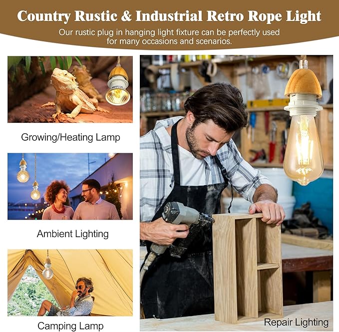 Rustic Plug in Pendant Lighting, 16.7FT Pendant Light Cord Kit, Farmhouse Hanging Lights with Plug in Cord, Vintage Hemp Rope Pendant Light Fixtures, E26 E27 Light Socket, for Kitchen Island