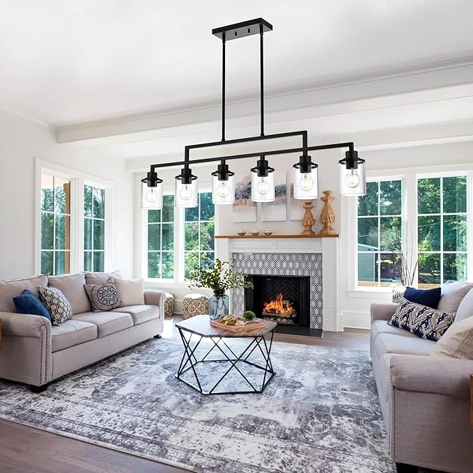 43.3" Kitchen Island Lighting, 6-Light Dining Room Light Fixture,Black Chandelier Farmhouse Linear Pendant Lighting for Kitchen Island Dining Table Living Room, Height Adjustable