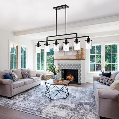 43.3" Kitchen Island Lighting, 6-Light Dining Room Light Fixture,Black Chandelier Farmhouse Linear Pendant Lighting for Kitchen Island Dining Table Living Room, Height Adjustable