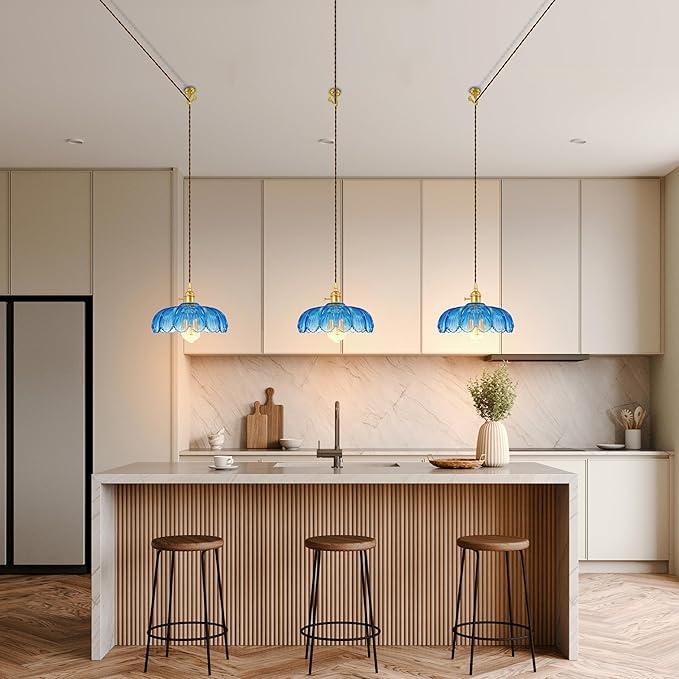 Plug-in Pendant Light Fixture, Hanging Light Fixture, Glass Pendant Light, Swag Lamp with Inline On/Off Switch for Kitchen Island, Bedroom, Dining Room, Living Room (Blue Lotus, Plug-in)