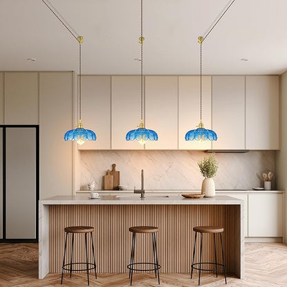 Plug-in Pendant Light Fixture, Hanging Light Fixture, Glass Pendant Light, Swag Lamp with Inline On/Off Switch for Kitchen Island, Bedroom, Dining Room, Living Room (Blue Lotus, Plug-in)