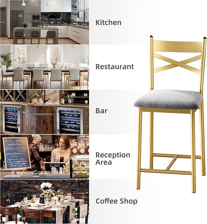 Bar Stools Set of 4, Counter Height Bar Stools with PU Upholstered Seat & Back – Modern Kitchen Island Bar Chairs with Footrest for Apartment & Dining Bar, Gold
