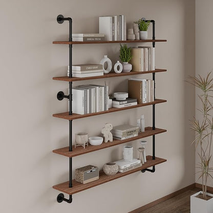 HDDFER Floating Shelves for Wall Bookshelf Industrial Pipe Shelving Shelves 48 Inch 5 Tier Natural Wood Planks Rustic Wall Shelves Hanging Bookshelves Farmhouse Kitchen Shelving
