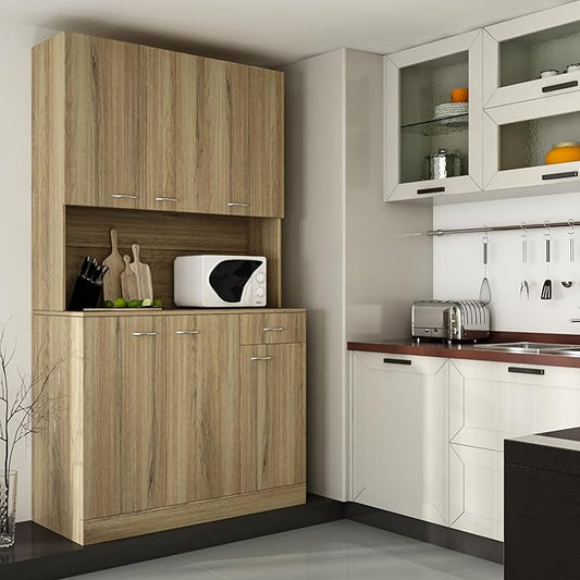 71" Kitchen Pantry Cabinets with Microwave Stand, 6 Doors & 3 Adjustable Shelves, Freestanding China Cabinet Hutch, Buffet Cabinet with Storage, Oak