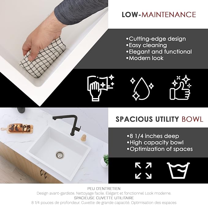 Stylish 22 x 17.5 Composite Granite Kitchen Sink, Single Bowl Under Mount & Drop in, 8.25 in Deep, Rear-Center Drain, with Strainer, White, S-822H