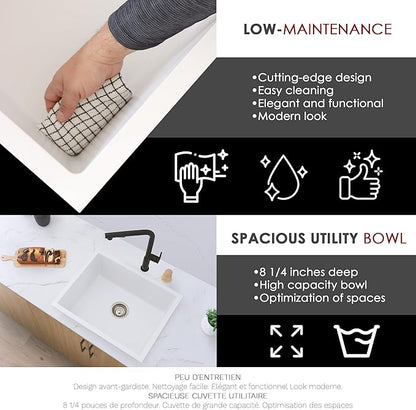 Stylish 22 x 17.5 Composite Granite Kitchen Sink, Single Bowl Under Mount & Drop in, 8.25 in Deep, Rear-Center Drain, with Strainer, White, S-822H