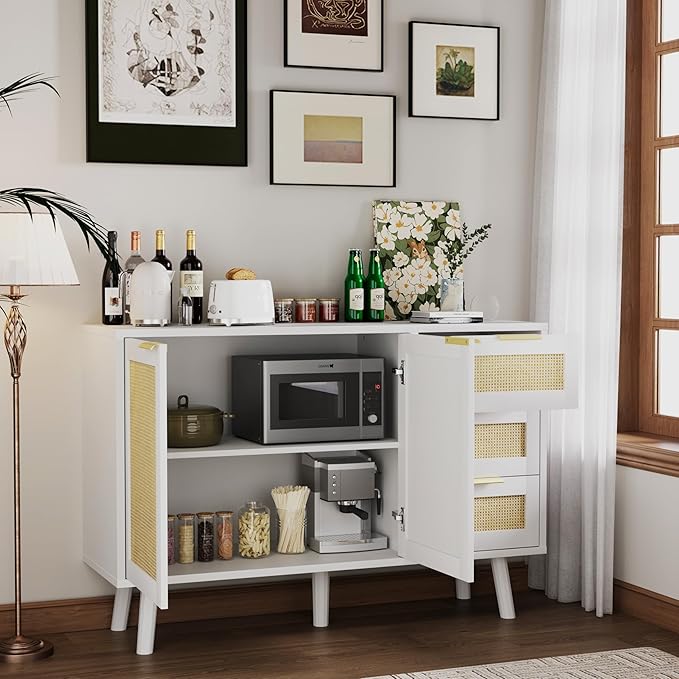 Gyger Rattan Kitchen Buffet Cabinet with 2 Doors 3 Shelves, Sideboard with Storage, Accent Cabinet for Kitchen, Dining Room, Hallway, Cupboard Console Table, White