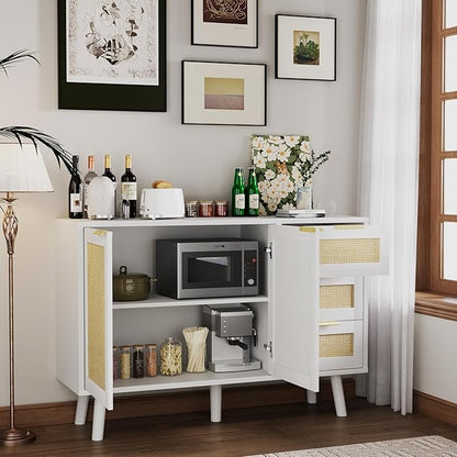 Gyger Rattan Kitchen Buffet Cabinet with 2 Doors 3 Shelves, Sideboard with Storage, Accent Cabinet for Kitchen, Dining Room, Hallway, Cupboard Console Table, White