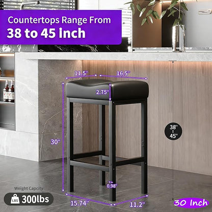 Monhey 30 Inch Bar Stools Set of 2 - Counter Height Bar Stools with Soft Leather Seat, 300LB Heavy Duty Backless Padded Barstool Chair Easy Assembly for Modern Kitchen Island Counter (Black)