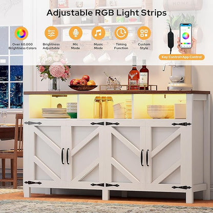 knoworld Buffet Sideboard with Storage with Power Outlets & LED Light 4 Doors, 55'' Large Farmhouse Kitchen Storage Cabinet Wood Coffee Bar Cabinet Buffet Table for Kitchen, Dining Room, Entryway