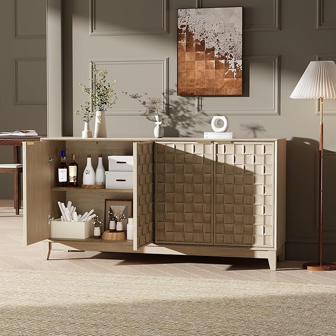 MALOL Sideboard Buffet Cabinet with Storage, Modern 4-Door Buffet Table with 3D Checkerboard Doors & Solid Wood Legs, Large Coffee Bar Cabinet for Dining Room, Living Room, Entryway, Oak