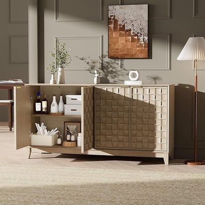 MALOL Sideboard Buffet Cabinet with Storage, Modern 4-Door Buffet Table with 3D Checkerboard Doors & Solid Wood Legs, Large Coffee Bar Cabinet for Dining Room, Living Room, Entryway, Oak