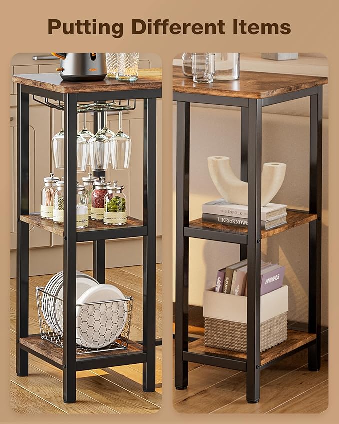Qsun 3-Piece Bar Table Set for 2, Bar Height Table with Stools & 2 Storage Shelves, Small Bar Table Set with Glass Rack, Small Kitchen Table for Dining Room, Living Room, Rustic Brown