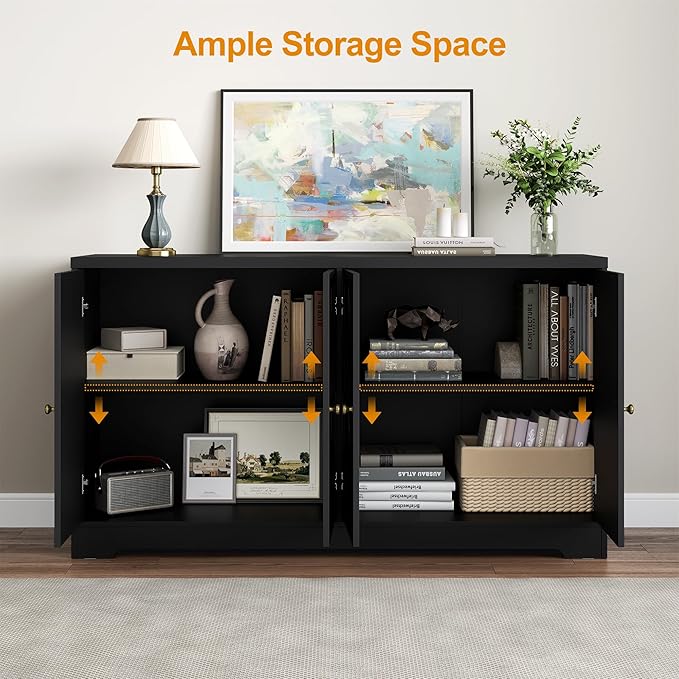 RoyalCraft Sideboard Buffet Cabinet with Storage, 56" Modern Sideboard with 4 Carved Doors and Adjustable Shelves, Large Wood Coffee Bar Console Table for Kitchen, Dining Room, Living Room, Black