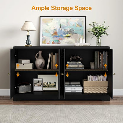 RoyalCraft Sideboard Buffet Cabinet with Storage, 56" Modern Sideboard with 4 Carved Doors and Adjustable Shelves, Large Wood Coffee Bar Console Table for Kitchen, Dining Room, Living Room, Black