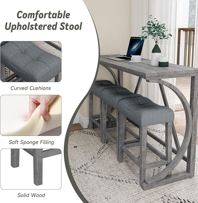 HMFULE 4 Piece Bar Table Set with Power Outlet, 59'' Dining Bar Table and Chairs Set, Industrial Breakfast Table with 3 Padded Stools for Living Room Dining Room Game Room Grey
