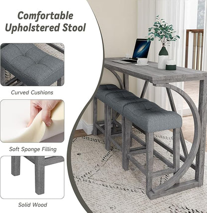 HMFULE 4 Piece Bar Table Set with Power Outlet, 59'' Dining Bar Table and Chairs Set, Industrial Breakfast Table with 3 Padded Stools for Living Room Dining Room Game Room Grey