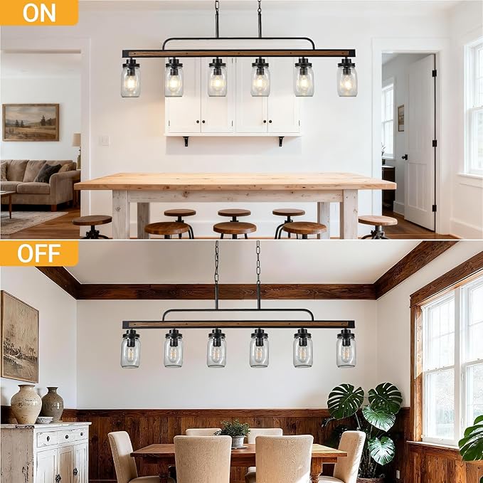 6-Light Rustic Farmhouse Dining Room Light, Black Mason Jar Chandelier Lighting Fixture for Kitchen Island, Dining Room, E26 Cluster Hanging Pendant Light with Jar Glass Shade