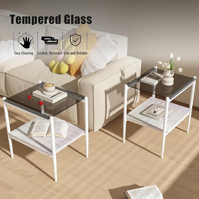 Set of 2 Glass End Table, 2-Layer Glass Living Room Table, Modern Tea Table Side Tables for Home Office Furniture