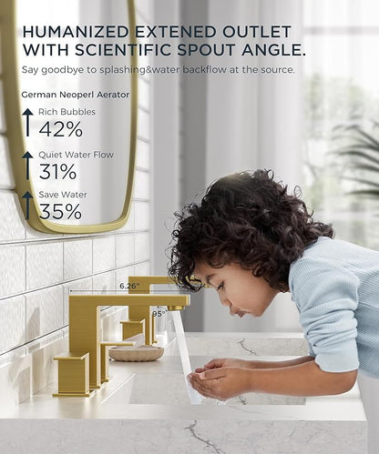 QFN Lead-Free Gold Bathroom Faucet 3 Hole, Square Bathroom Sink Faucet 8 Inch Widespread, 2 Handle for 4"-12" Vanity Sink with Metal Pop Up Drain and 24" cUPC Supply Hoses