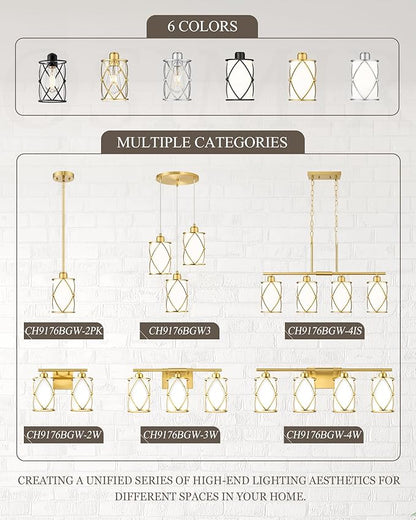 Brushed Gold Pendant Lights Kitchen Island, Modern 2 Pack Pendant Light with Frosted Glass, Farmhouse Mid Century Pendant Lighting for Dining Room, CH9176BGW-2PK