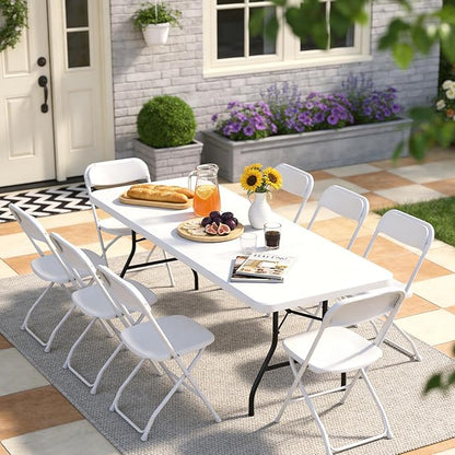 6ft Folding Table, Heavy Duty Plastic Card Table with Foldable Steel Legs, Metal Frame Support up to 600 lb, Portable for Indoor, Outdoor, Picnic, Camping, Dining, Party, White
