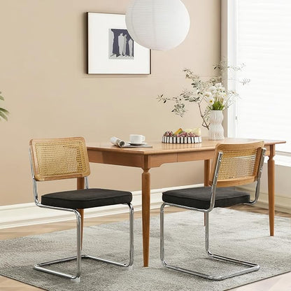 Rattan Back Linen Dining Chair Set of 4 Modern Breuer Designed Stainless Chrome Base Armless Upholstered Dining Chair for Dining Room, Kitchen Island(Black)