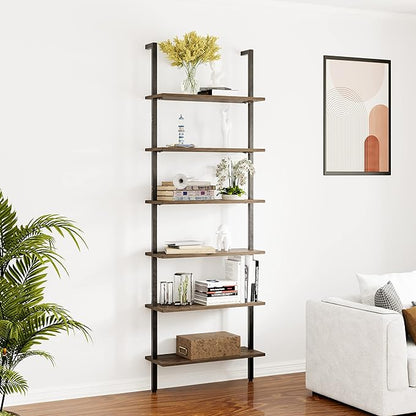 Wolawu Ladder Shelf Black 6 Tiers Modern Bookshelf Room Organizer Open Tall Wall Mount Bookcase Standing Leaning Wall Shelves Industrial Decorative Living Room Bed Room (Brown)