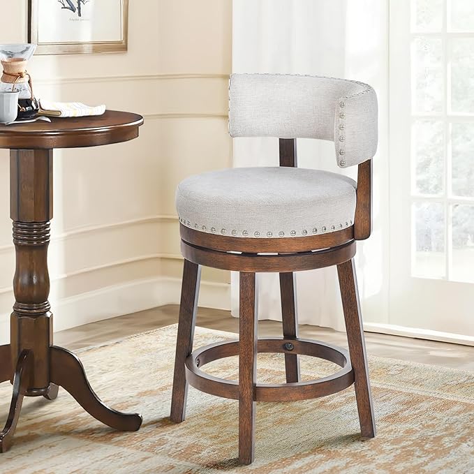 COLAMY Swivel Bar Stool, 25 Inch Wood Swivel Barstool with Back, Counter Height Bar Stools, Modern Upholstered Barstool for Kitchen Island Dining Room Bar, Beige