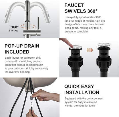 KENES Tall Bathroom Faucets with Pull Down Sprayer, Brushed Nickel Vessel Sink Faucet with Pull Out Sprayer, Single Handle Vanity Faucet 1 Hole with Pop Up Drain & Supply Lines, LJ-9065A