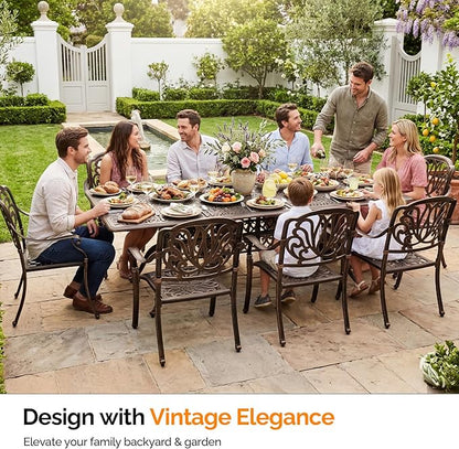 VINGLI 9-Piece Cast Aluminum Outdoor Dining Set for 8, Rectangular Patio Table with Umbrella Hole & 8 Stackable Chairs, All-Weather Garden/Poolside Furniture