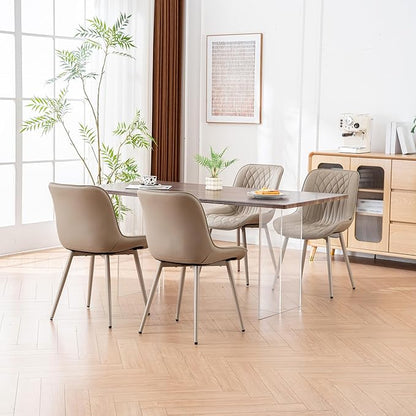 YOUNIKE Faux Leather Dining Chairs Set of 2 Mid-Century Modern High Padded Back Comfy Upholstered Kitchen Chairs with Metal Legs Wide Seat Accent Side Chair for Dining/Living/Waiting Room Khaki