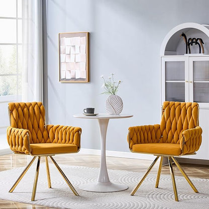 Upholstered Dining Chairs Set of 2, Hand-Woven Back Kitchen Chair, Large Gold Dining Chairs,Velvet Upholstery with Metal Legs, Modern Velvet Chair for Dining Room、Kitchen、Restaurant