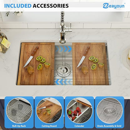 30 x 19 Inch Undermount Kitchen Sink 18 Gauge Stainless Steel Handmade Workstation Sink Round Corners Single Bowl Large Deep Under Counter Kitchen Sinks Basin, 30"x19"x9"