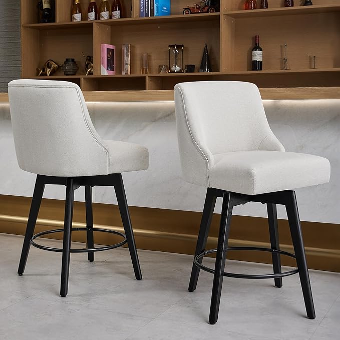 Counter Height Bar Stools Set of 3, Swivel Barstools with Backs and Wood Legs, Linen Fabric Upholstered Counter Stools for Kitchend Island, Mid-Century Modern 26" Seat Height Bar Chairs, Cream