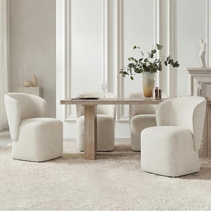 KISLOT Upholstered Dining Chairs with Wheels, No Assembly Stain Resistant Fabric Modern Barrel Armchair with Casters, Dining Room Chairs for Kitchen Living Room Bedroom, Linen, Set of 1
