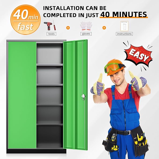INTERGREAT Metal Storage Cabinet with Doors, 72" Locking Steel Storage Cabinet with Shelves, Tall Metal Cabinet Lockable Steel Cabinets for Home Office, Garage,(Black+Green)