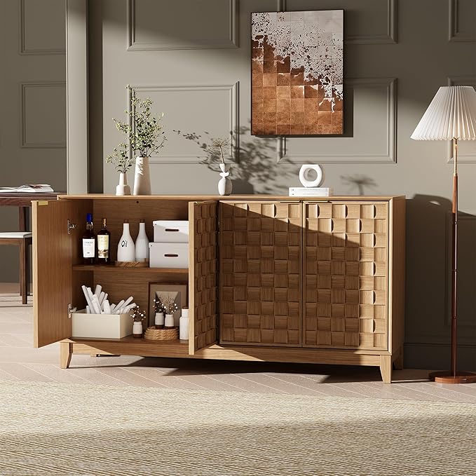 MALOL Sideboard Buffet Cabinet with Storage, Modern 4-Door Buffet Table with 3D Checkerboard Doors & Solid Wood Legs, Large Coffee Bar Cabinet for Dining Room, Living Room, Entryway, Neutral Wood