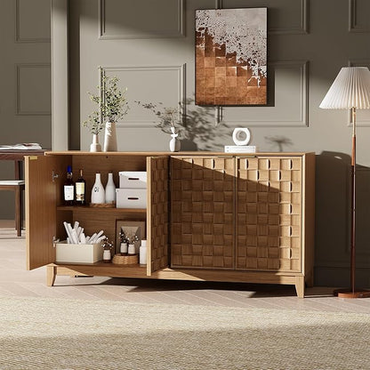 MALOL Sideboard Buffet Cabinet with Storage, Modern 4-Door Buffet Table with 3D Checkerboard Doors & Solid Wood Legs, Large Coffee Bar Cabinet for Dining Room, Living Room, Entryway, Neutral Wood