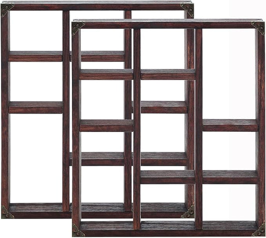 17.7x15.7-Inch Shadow Box Shelf 9-Slot Rustic Floating Shelves Larger Wall Mounted Shelf Lightweight Solid Wood Display Shelf Freestanding Farmhouse(Set of 2,9C-Rustic Walnut)