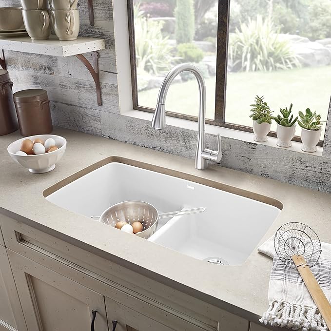 Valea Equal Double Bowl Kitchen Sink with Low Divide, White