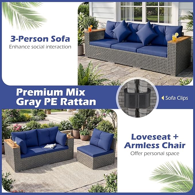 Tangkula 86.5" Large 3-Seat Patio Wicker Sofa, 3 Pieces PE Rattan Sectional Furniture Set with Cup Holder & Wood Armrest, Outdoor Couch Set with Armless & 2 Corner Sofas for Garden, Yard, Porch, Navy