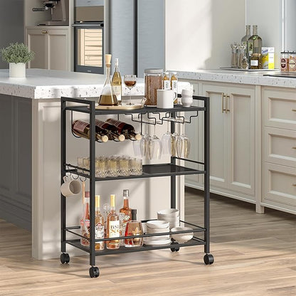 Joaxswe Bar Cart, Home Bar Serving Cart with 3-Tier Shelf,Microwave Cart with Lockable Wheels,Mobile Kitchen Shelf,Rolling Beverage Cart with Wine Rack and Glass Holder for Kitchen,Dinning Room,Black